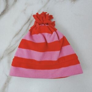 GAP Kids Pink Orange Striped Fleece Pom Pom Winter Hat Beanie, Sz L/XL